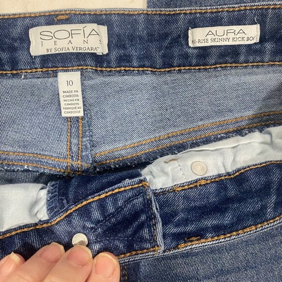 Sofia Aura High Rise Skinny Kick Boot Jeans Womens Size 10 Medium Wash Frayed He - Picture 3 of 15